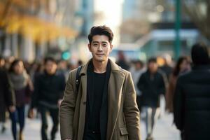 Asian Man Walking in Modern City, Handsome Asia Guy Walks on a Crowded Pedestrian Street. photo