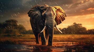 Epic Photography Shot of Elephant on Rainy Day. Lively Rainy Season Concept. Generative Ai photo