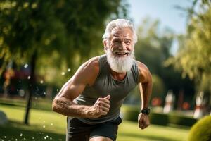 Senior Man Running for Healthy Life, Male Running Exercise in Green Nature Park. photo