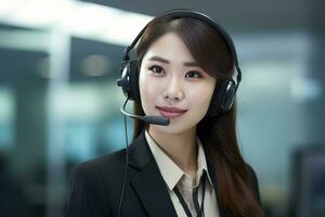 retrato de un hermosa asiático cliente Servicio operador, llamada centrar trabajador hablando mediante auriculares con cliente en moderno oficina. foto