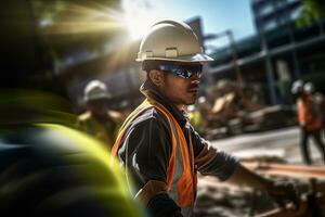 Construction Worker Wearing Safety Uniform, Engineering Works on Building Construction Site, Civil Engineer Observes and Checking the Project photo