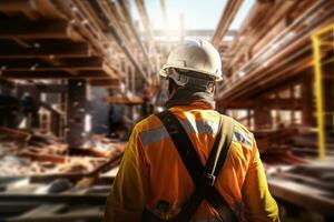 Construction Worker Wearing Safety Uniform, Engineering Works on Building Construction Site, Civil Engineer Observes and Checking the Project photo