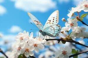 hermosa mariposa rodeado por flores y hojas azul cielo antecedentes. generativo ai foto