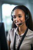 Portrait of a Beautiful African Customer Service Operator, Call Center Worker Talking Through Headset with Customer in Modern Office. photo