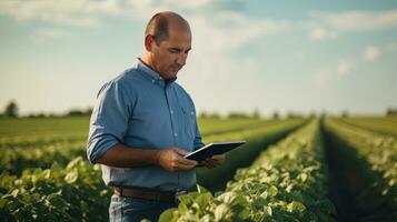 retrato de masculino granjero utilizando tableta en el granja, observa y cheque crecimiento plantas, agricultura inteligente agricultura concepto foto