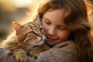 pequeño niña abrazando su gato con calentar ligero fondo, niño abrazos un extraviado gato a transporte un sentido de amor. foto