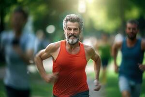 Senior Man Running for Healthy Life, Male Running Exercise in Green Nature Park. photo