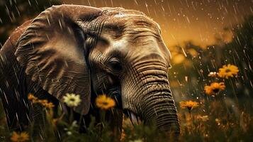 Epic Photography Shot of Elephant on Rainy Day. Lively Rainy Season Concept. Generative Ai photo