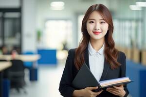 Portrait of Happy Asian Teacher with a Book in School, Young Female Tutor Smiling and Looking at the Camera photo