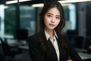 Portrait of a Beautiful Businesswoman in Modern Office, Asian Manager Looking at Camera and Smiling, Confident Female CEO Planning and Managing Company. photo