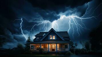 House on Heavy Lightning Thunder Strom Background, Home Insurance Concept. Generative Ai photo