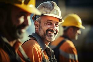 Portrait of Cheerful Workers Wearing Safety Uniform, Construction Engineering Works on Building Construction Site, Observes and Checking the Project. photo