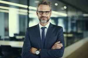 Happy Businessman Standing in Modern, Successful Male Manager Smiling and Looking at the Camera photo