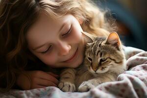 Little Girl Hugging her Cat with Warm Light Background, Kid Hugs a Stray Cat to Conveying a Sense of Love. photo