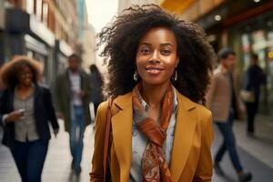 African Businesswoman Walking in Modern City, Beautiful Woman Walks on a Crowded Pedestrian Street, Business Manager Surrounded by Blur People on Busy Street. photo