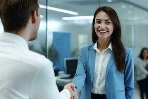 Portrait of Smiling Receptionist Female Greeting Client, Happy Business Woman Reception in Modern Office photo