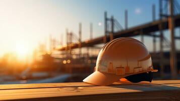 Safety Construction helmet on Table, Hard Cap, Construction Site Blur Background. photo