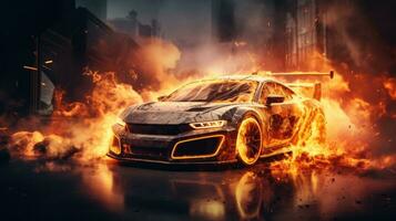 Car on Fire Accident, Burning Car Background, Car Insurance Concept. Generative Ai photo