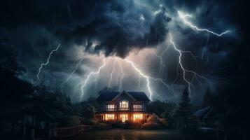 House on Heavy Lightning Thunder Strom Background, Home Insurance Concept. Generative Ai photo