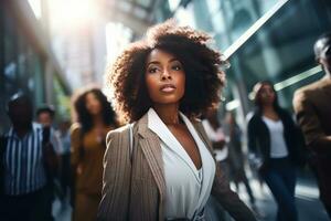 African Businesswoman Walking in Modern City, Beautiful Woman Walks on a Crowded Pedestrian Street, Business Manager Surrounded by Blur People on Busy Street. photo