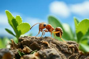Close up Shot of Ant Finding Food on Leaf Cloudy Blue Sky Background. Generative Ai photo