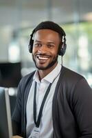 Portrait of a Handsome African Man, Customer Service Operator, Call Center Worker Talking Through Headset with Customer in Modern Office. photo