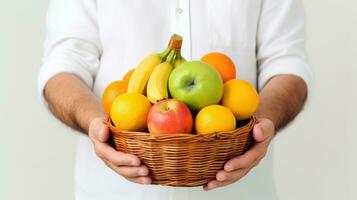 Man Holding Basket of Fruits, Farmer presenting Fresh Fruits, Healthy Food Rich in Vitamins. Generative Ai photo