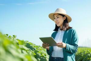 Portrait of Female Farmer Using Tablet in the Farm, Observes and Check Growth Plants, Agriculture Smart Farming Concept photo