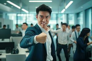 Asian Businessman Showing a Fighting Pose, Male Entrepreneur Gestures Raising Fists in Modern Office, Fights a Problem, Celebrate Success and Achieving Goals. photo