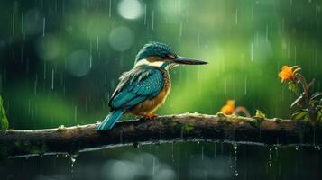 épico fotografía Disparo de pájaro en lluvioso día. animado lluvioso temporada concepto. generativo ai foto