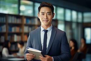 Portrait of Happy Asian Male Teacher with a Book in School, Young Man Tutor Smiling and Looking at the Camera photo