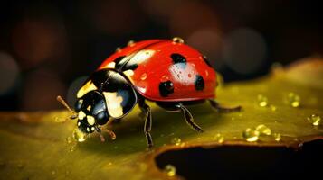 Macro Photo of Ladybug on Green Leaf Background. Generative Ai