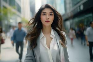 hermosa mujer de negocios caminando en moderno ciudad, asiático mujer camina en un concurrido peatonal calle, negocio gerente rodeado por difuminar personas en ocupado calle. foto