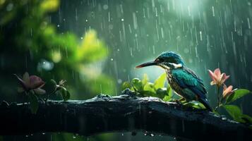 Epic Photography Shot of Bird on Rainy Day. Lively Rainy Season Concept. Generative Ai photo