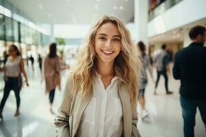 retrato de contento hembra va a compras en ropa almacenar, hermosa hombre caminando en compras centro comercial rodeado por borroso personas foto