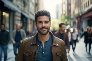 elegante latín hombre caminando en moderno ciudad, hermoso latín chico camina en un concurrido peatonal calle. foto