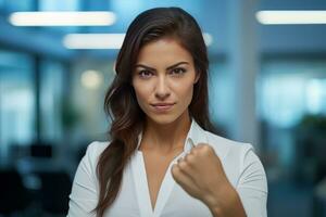 Confident Businesswoman Showing a Fighting Pose, Beautiful Manager Gestures Raising Fists in Modern Office, Female Entrepreneur Fights a Problem photo