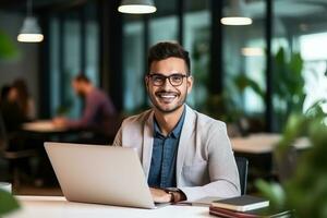 Handsome Latin Businessman Working with Computer, Male Manager Works in Modern Office, Analysis Data Statistics and Business Planning. photo