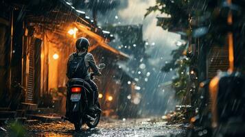 Human Daily Life on Rainy Day. Enjoying Rainfall and Happy Life, Lively Rainy Season Concept. Generative Ai photo