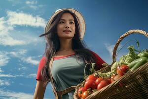 Asian Female Farmer with Basket of Fresh Vegetables, Presenting Organic Vegetables, Healthy Food photo