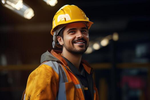 Portrait of Cheerful Workers Wearing Safety Uniform, Construction Engineering Works on Building Construction Site, Observes and Checking the Project. photo