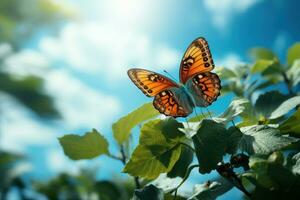 hermosa mariposa rodeado por flores y hojas azul cielo antecedentes. generativo ai foto