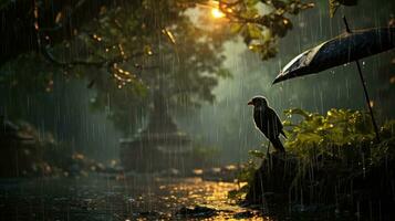 Epic Photography Shot of Bird on Rainy Day. Lively Rainy Season Concept. Generative Ai photo