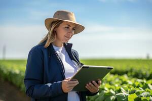 Portrait of Female Farmer Using Tablet in the Farm, Observes and Check Growth Plants, Agriculture Smart Farming Concept photo