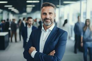 Happy Businessman Standing in Modern, Successful Male Manager Smiling and Looking at the Camera photo