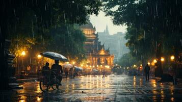 Human Daily Life on Rainy Day. Enjoying Rainfall and Happy Life, Lively Rainy Season Concept. Generative Ai photo