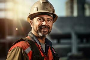 retrato de alegre trabajadores vistiendo la seguridad uniforme, construcción Ingenieria trabajos en edificio construcción sitio, observa y comprobación el proyecto. foto