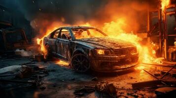 Car on Fire Accident, Burning Car Background, Car Insurance Concept. Generative Ai photo