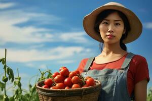 Asian Female Farmer with Basket of Fresh Vegetables, Presenting Organic Vegetables, Healthy Food photo