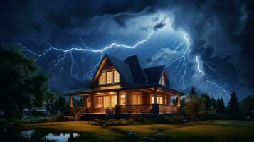 House on Heavy Lightning Thunder Strom Background, Home Insurance Concept. Generative Ai photo